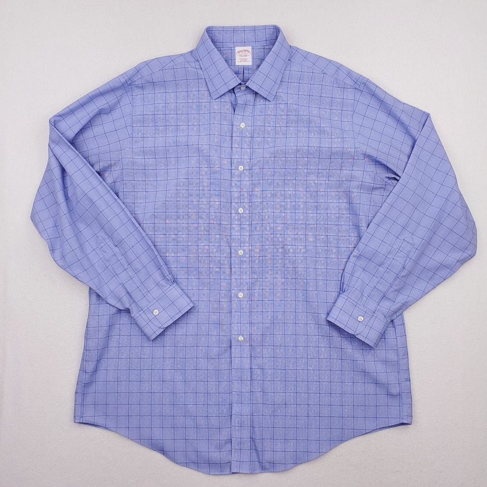 Brooks Brothers Shirt Mens 17 Blue Glen Plaid Button Up Traditional Fit Non Iron